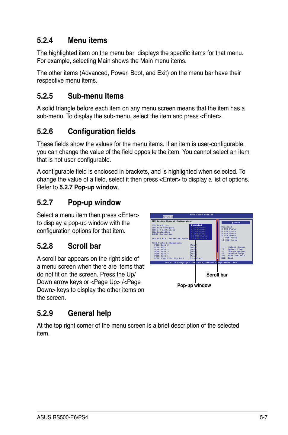 4 menu items, 5 sub-menu items, 6 configuration fields | 7 pop-up window, 8 scroll bar, 9 general help, Menu items -7, Sub-menu items -7, Configuration fields -7, Pop-up window -7 | Asus RS500-E6/PS4 User Manual | Page 65 / 144