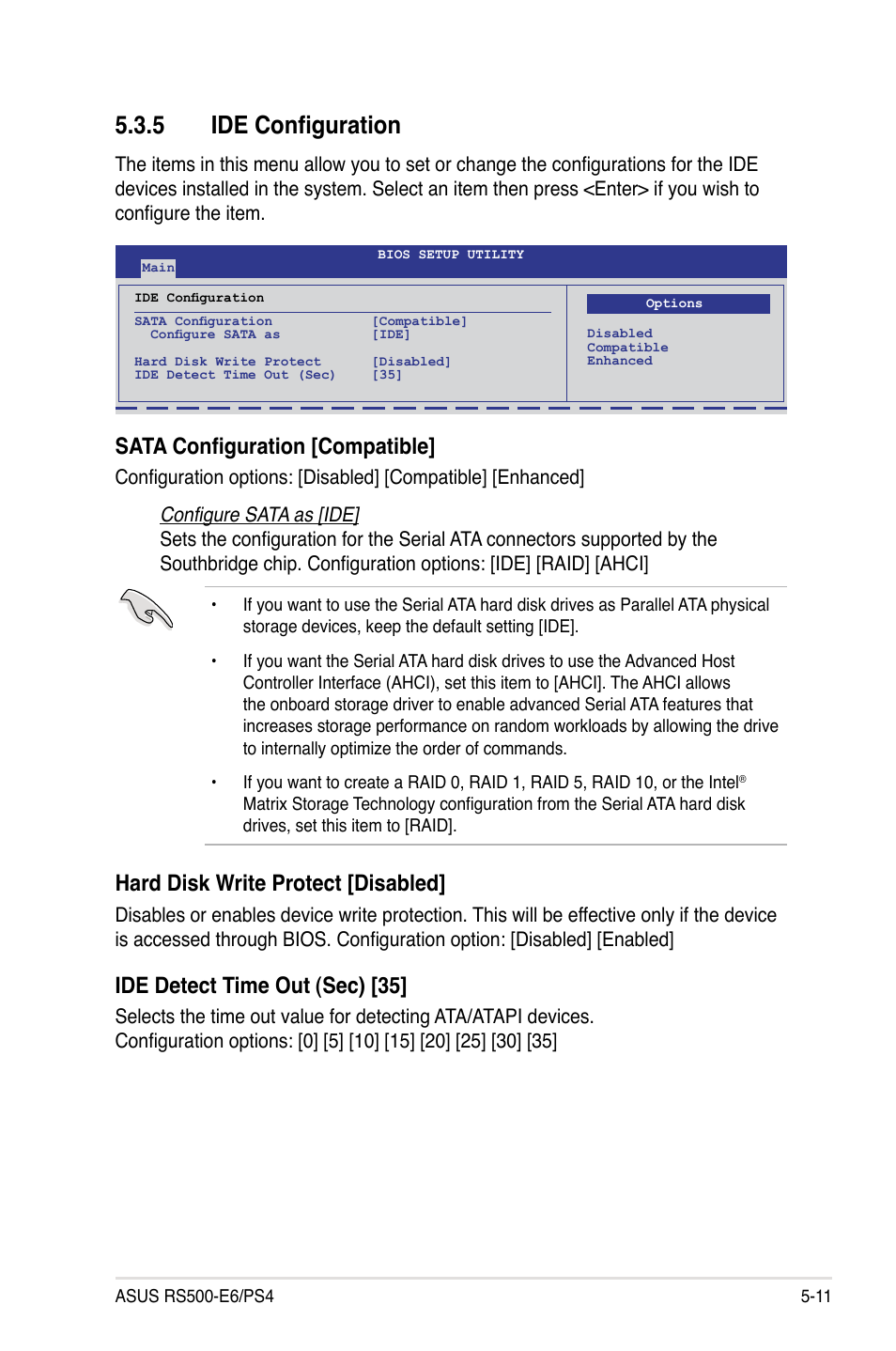 5 ide configuration, Ide configuration -11, Sata configuration [compatible | Hard disk write protect [disabled, Ide detect time out (sec) [35 | Asus RS500-E6/PS4 User Manual | Page 69 / 144