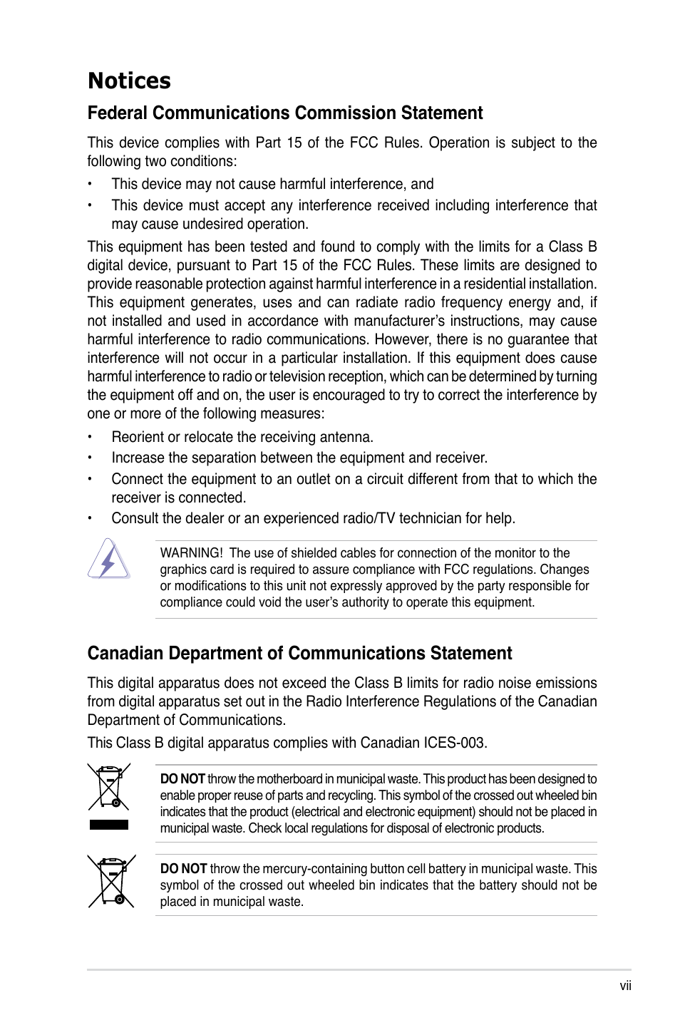 Notices, Federal communications commission statement, Canadian department of communications statement | Asus RS500-E6/PS4 User Manual | Page 7 / 144