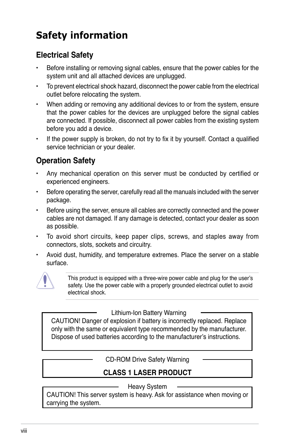 Safety information, Electrical safety, Operation safety | Asus RS500-E6/PS4 User Manual | Page 8 / 144