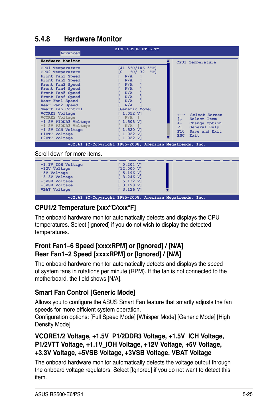 8 hardware monitor, Hardware monitor -25, Cpu1/2 temperature [xxxºc/xxxºf | Smart fan control [generic mode, Scroll down for more items | Asus RS500-E6/PS4 User Manual | Page 83 / 144