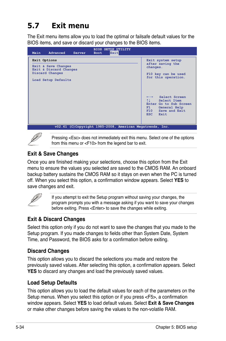 7 exit menu, Exit menu -34, Exit & save changes | Exit & discard changes, Discard changes, Load setup defaults | Asus RS500-E6/PS4 User Manual | Page 92 / 144