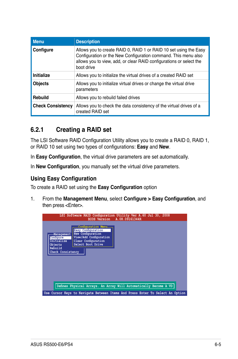 1 creating a raid set, Creating a raid set -5, Using easy configuration | Asus RS500-E6/PS4 User Manual | Page 97 / 144