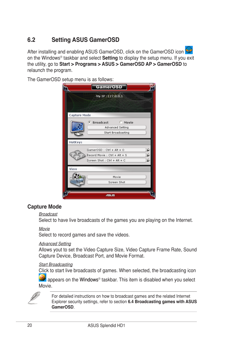 2 setting asus gamerosd, Setting asus gamerosd, Capture mode | Asus MA3850 Series User Manual | Page 26 / 36