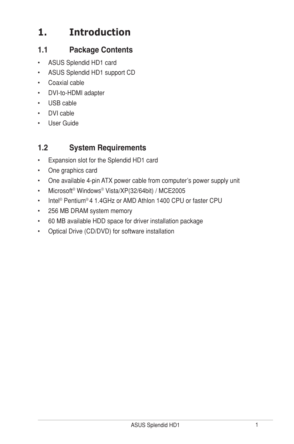 Introduction, 1 package contents, 2 system requirements | Introduction 1.1, Package contents, System requirements | Asus MA3850 Series User Manual | Page 7 / 36