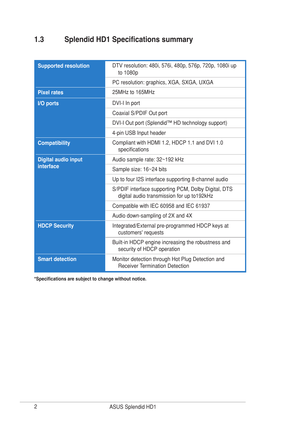 3 splendid hd1 specifications summary, Splendid hd1 specifications summary | Asus MA3850 Series User Manual | Page 8 / 36