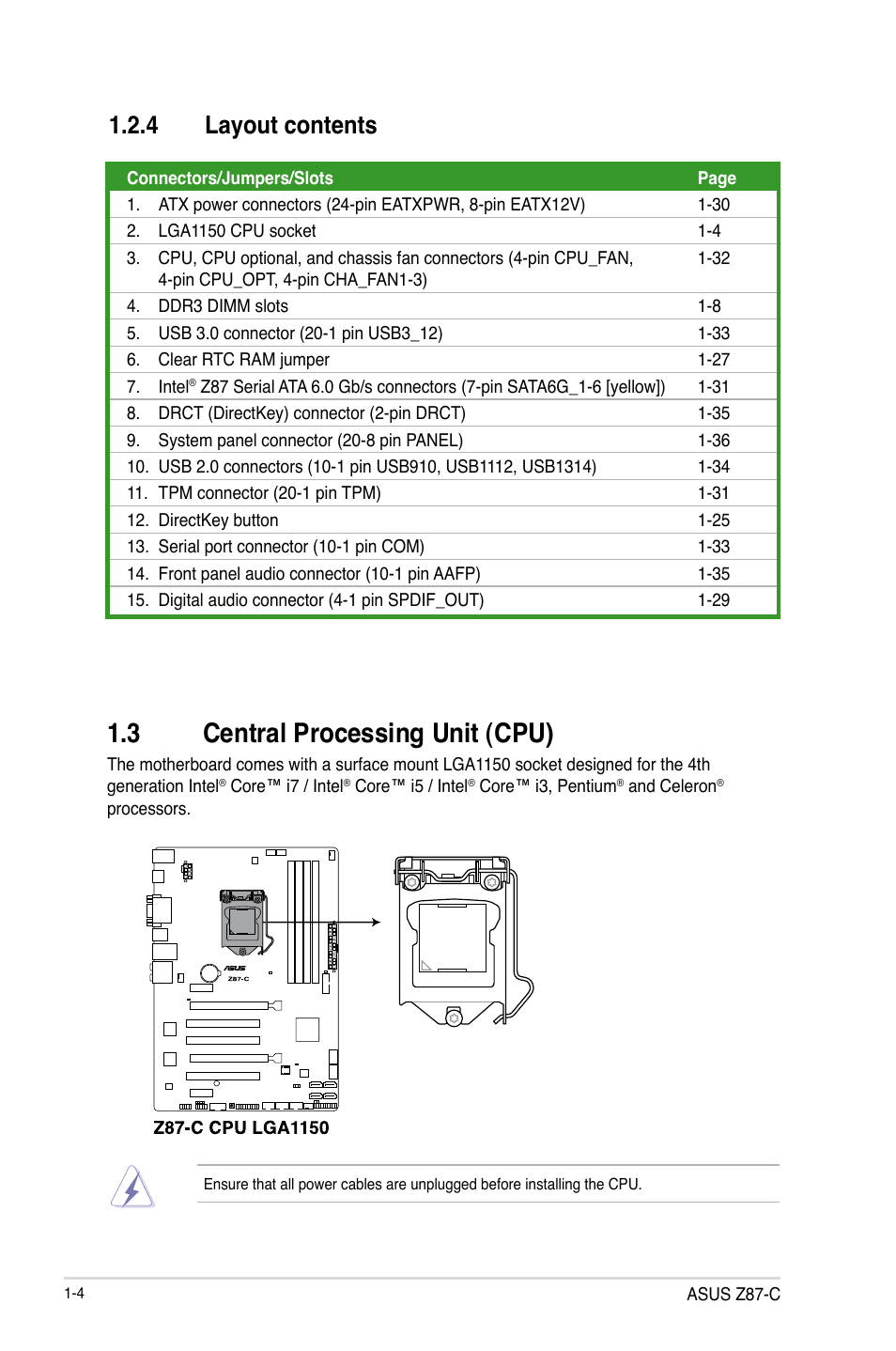 3 central processing unit (cpu), Central processing unit (cpu) -4, 4 layout contents | Asus Z87-C User Manual | Page 12 / 96