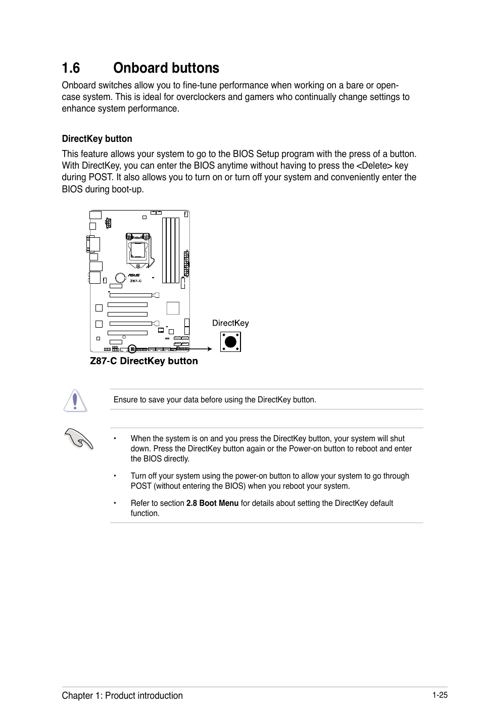 6 onboard buttons, Onboard buttons -25 | Asus Z87-C User Manual | Page 33 / 96
