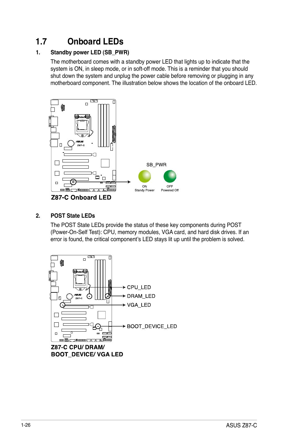 7 onboard leds, Onboard leds -26 | Asus Z87-C User Manual | Page 34 / 96