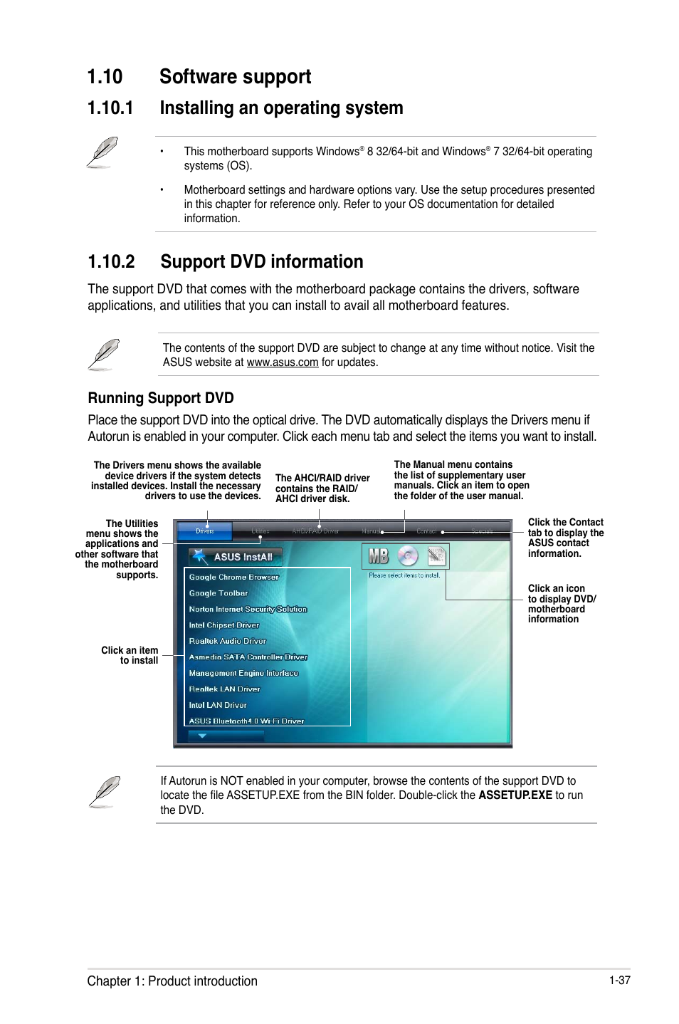 10 software support, Software support -37, 1 installing an operating system | 2 support dvd information, Running support dvd | Asus Z87-C User Manual | Page 45 / 96