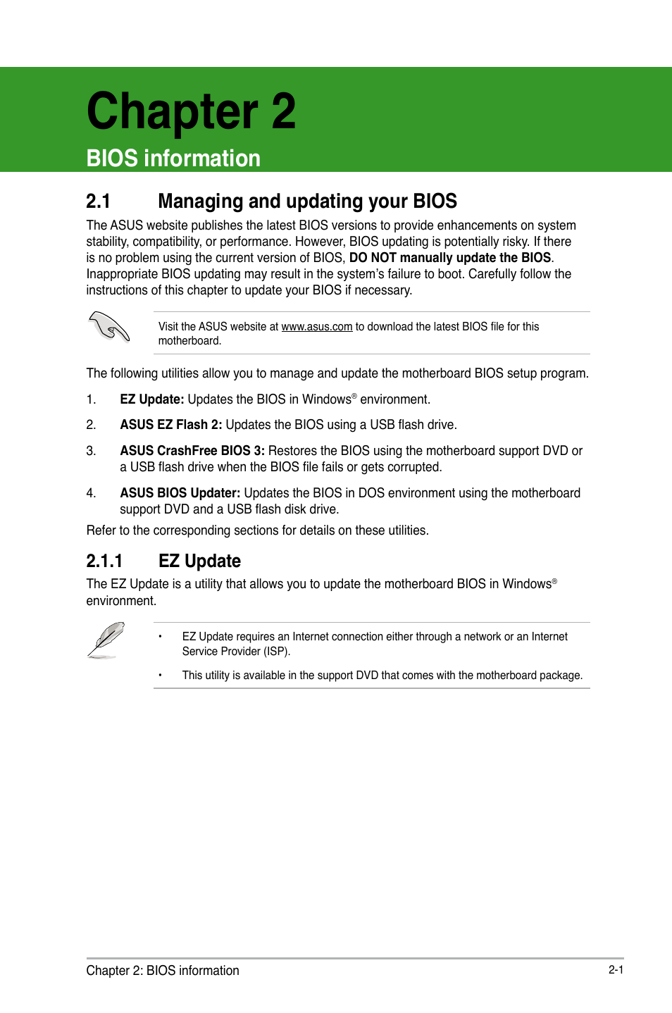 Chapter 2: bios information, 1 managing and updating your bios, Chapter 2 | Bios information, Managing and updating your bios -1, 1 ez update | Asus Z87-C User Manual | Page 47 / 96