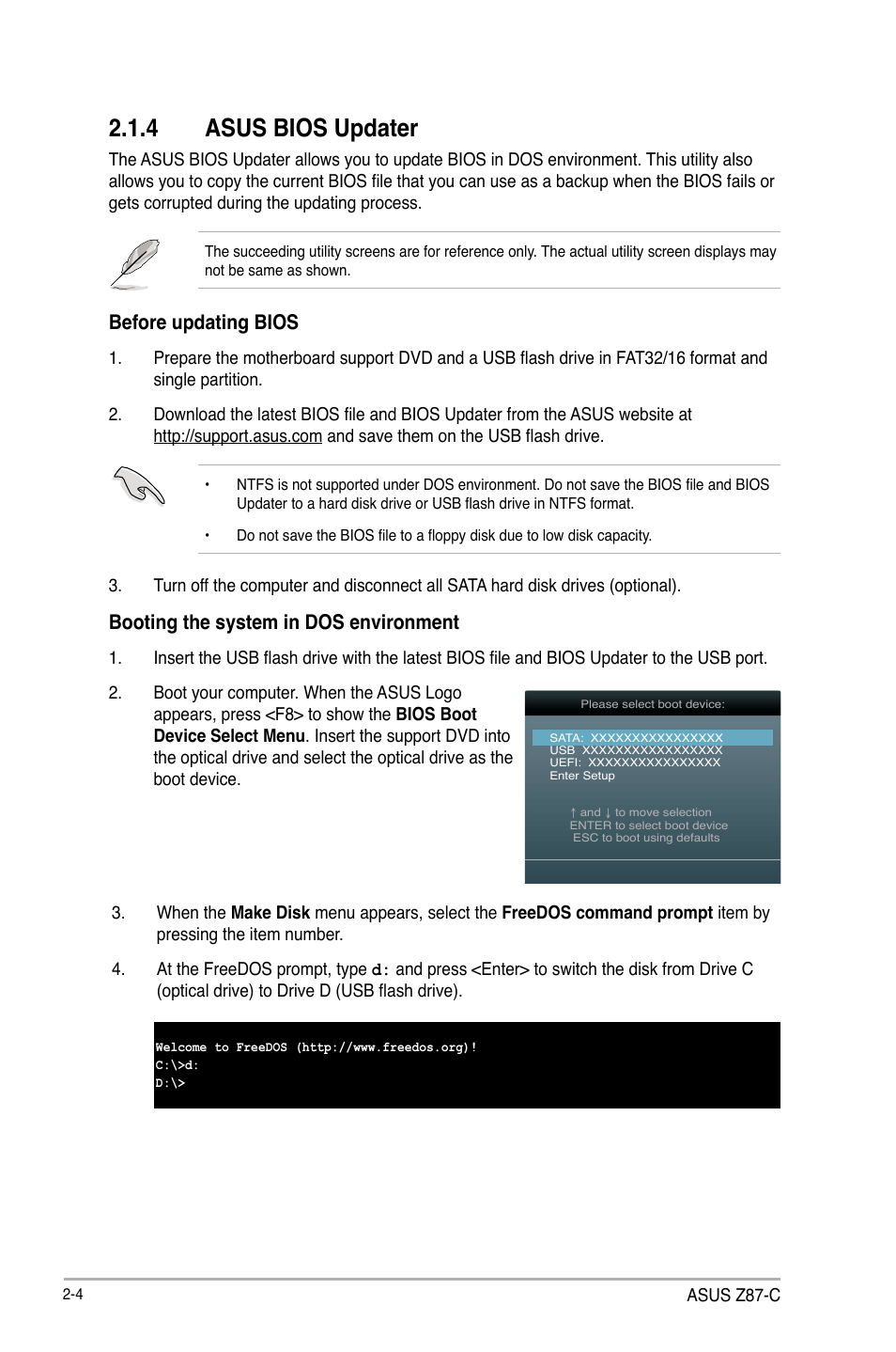 4 asus bios updater, Before updating bios, Booting the system in dos environment | Asus Z87-C User Manual | Page 50 / 96