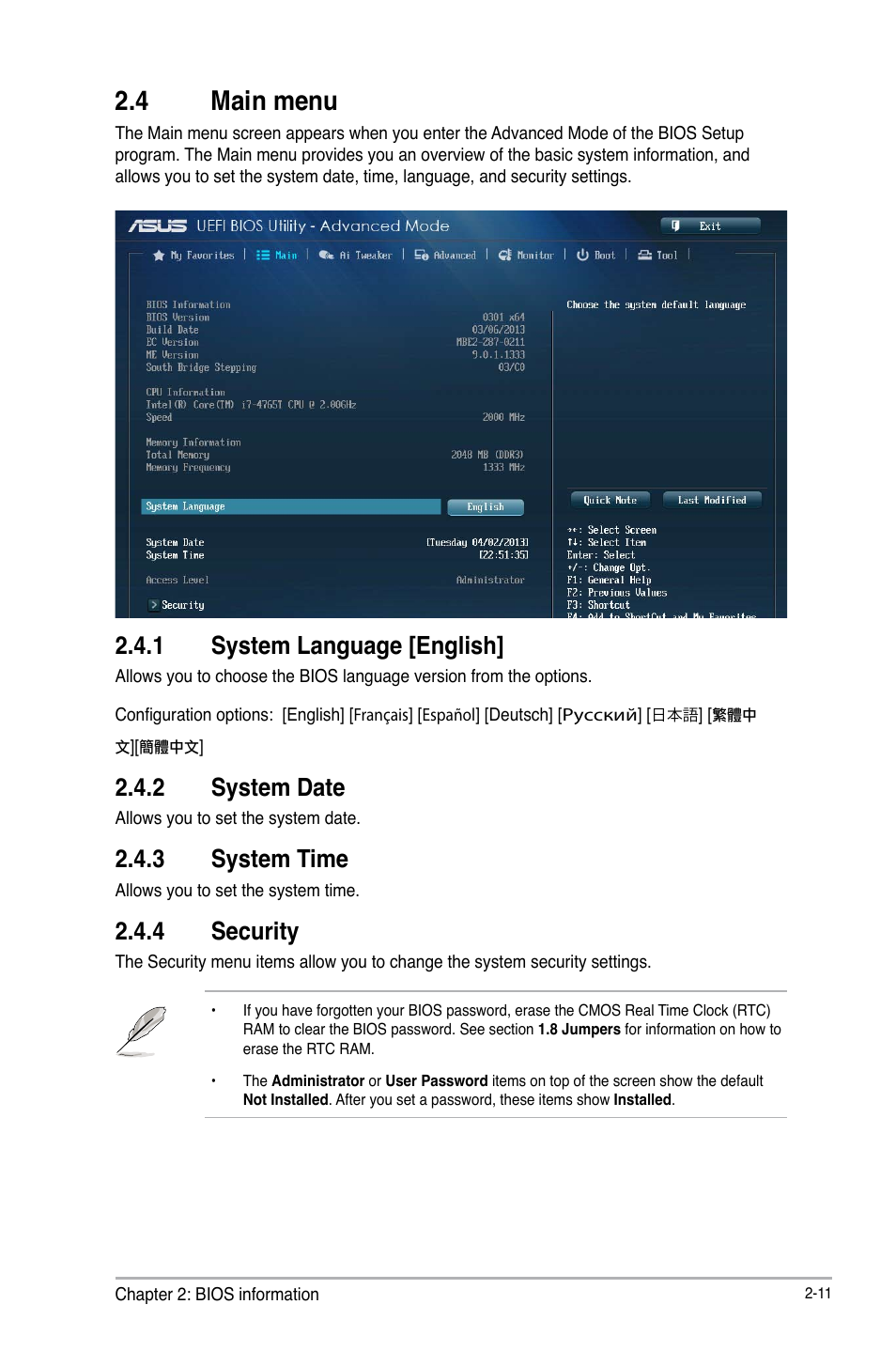 4 main menu, Main menu -11, 1 system language [english | 2 system date, 3 system time, 4 security | Asus Z87-C User Manual | Page 57 / 96