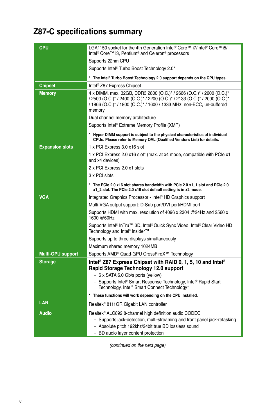 Z87-c specifications summary, Intel, Rapid storage technology 12.0 support | Asus Z87-C User Manual | Page 6 / 96