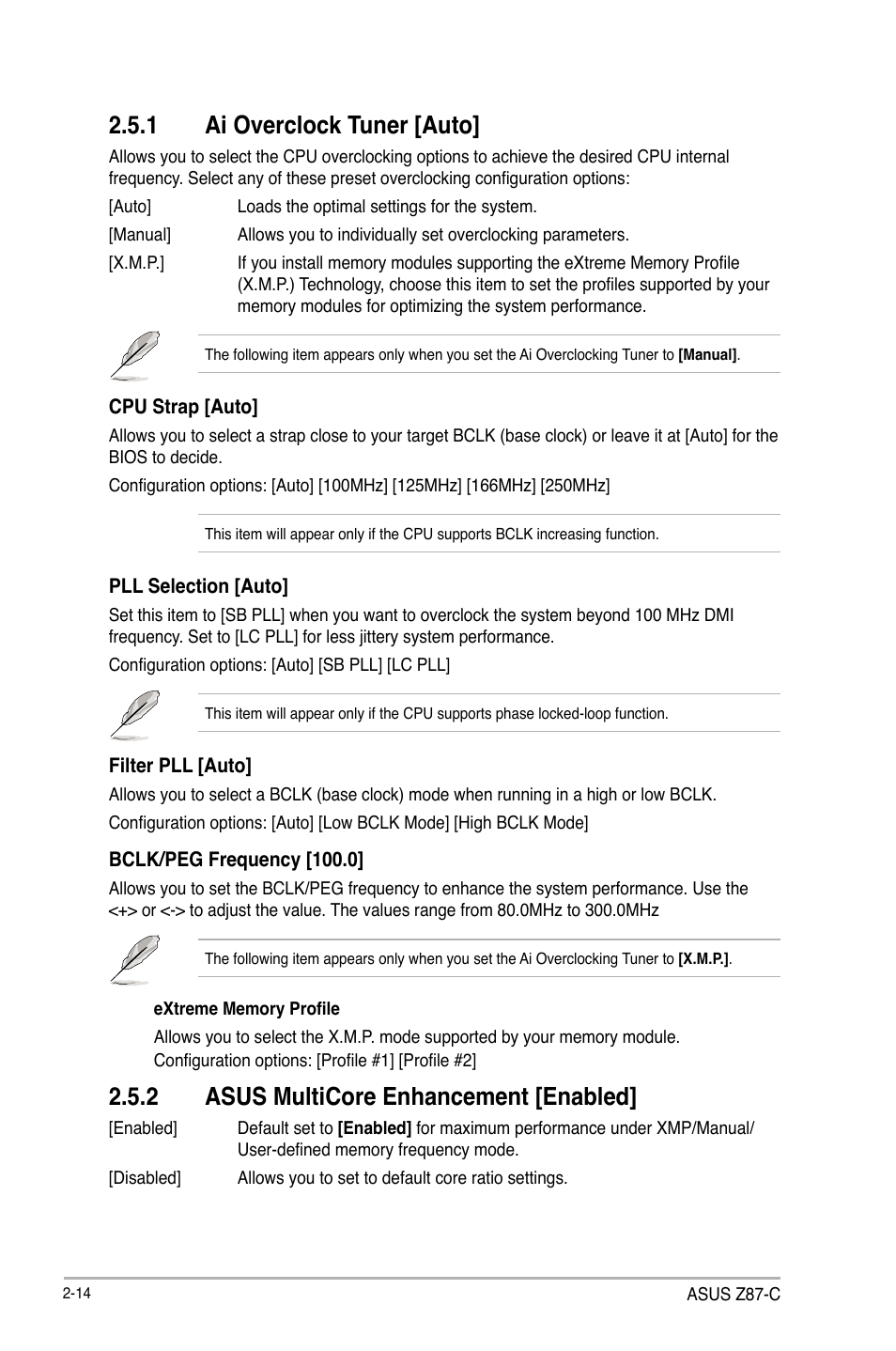 1 ai overclock tuner [auto, 2 asus multicore enhancement [enabled | Asus Z87-C User Manual | Page 60 / 96