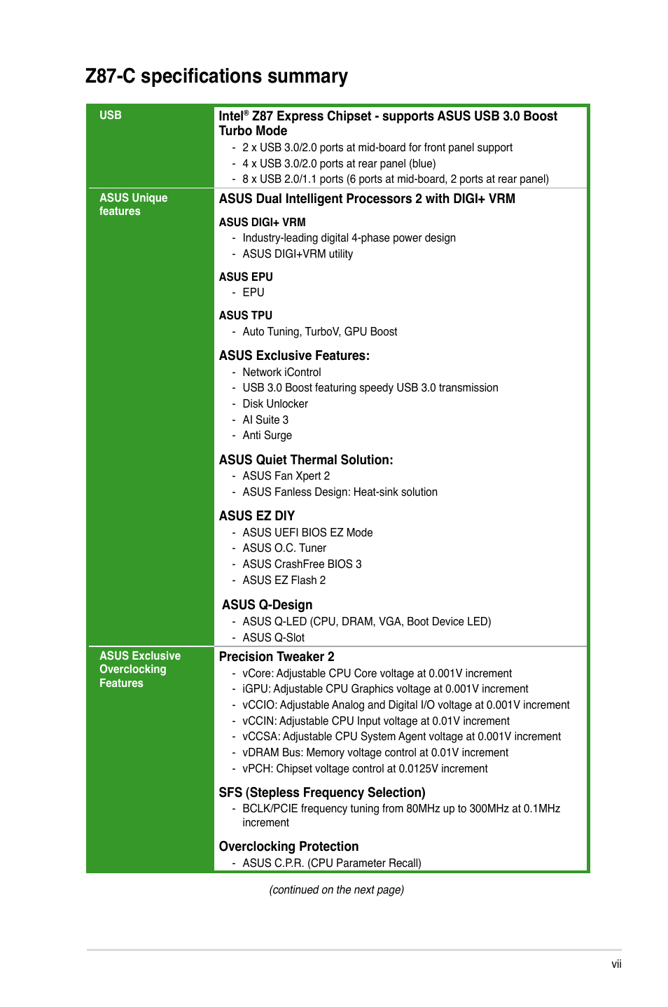 Z87-c specifications summary | Asus Z87-C User Manual | Page 7 / 96