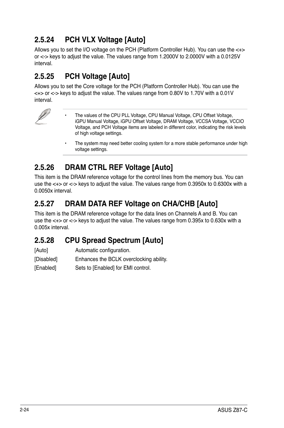24 pch vlx voltage [auto, 25 pch voltage [auto, 26 dram ctrl ref voltage [auto | 27 dram data ref voltage on cha/chb [auto, 28 cpu spread spectrum [auto | Asus Z87-C User Manual | Page 70 / 96
