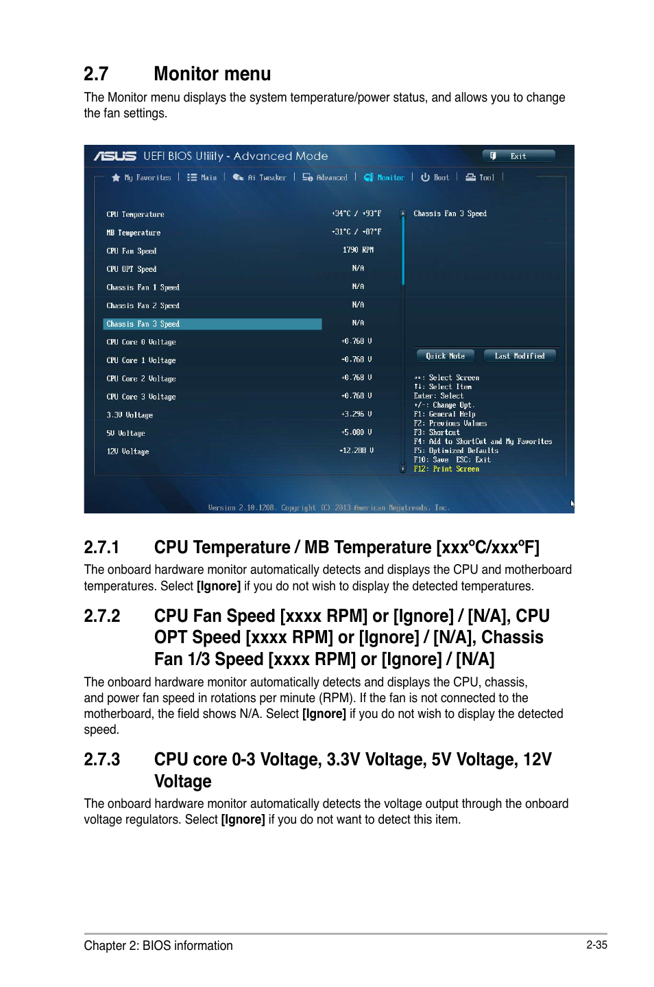 7 monitor menu, Monitor menu -35, 1 cpu temperature / mb temperature [xxxºc/xxxºf | Asus Z87-C User Manual | Page 81 / 96