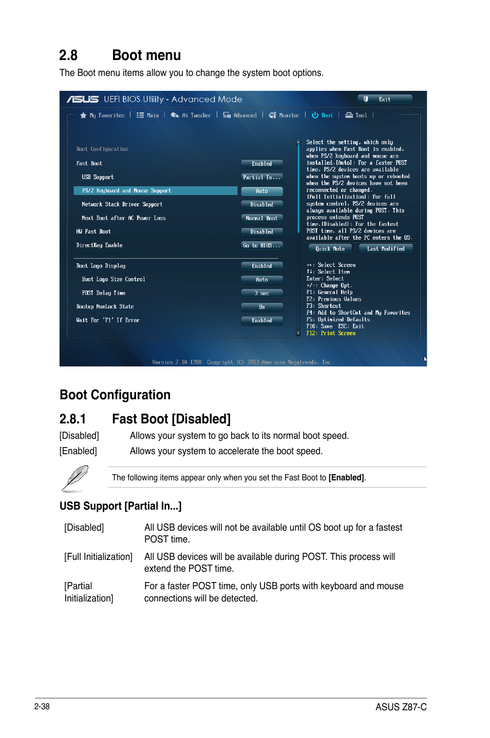 8 boot menu, Boot menu -38, Boot configuration 2.8.1 fast boot [disabled | Asus Z87-C User Manual | Page 84 / 96