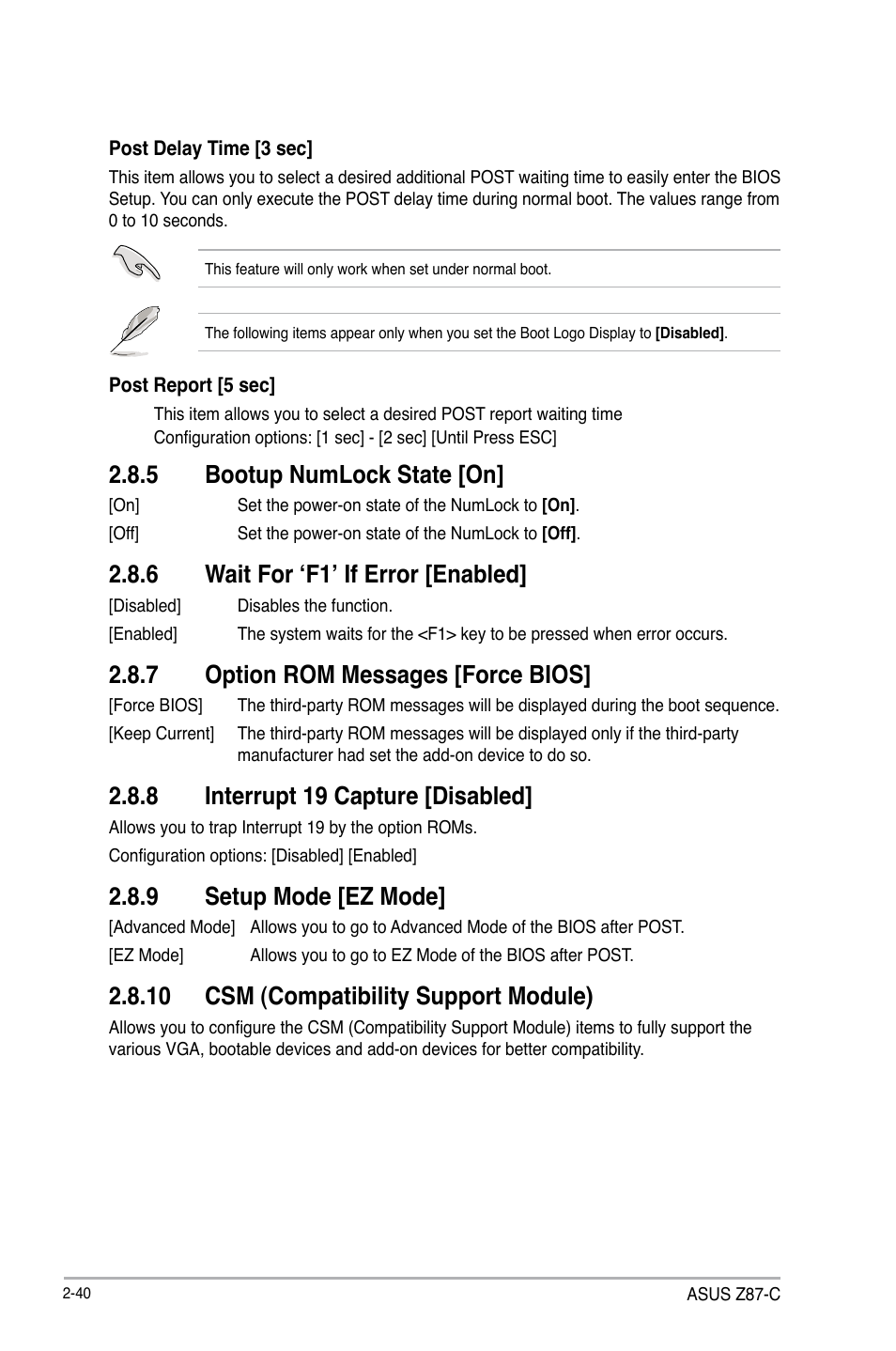 5 bootup numlock state [on, 6 wait for ‘f1’ if error [enabled, 7 option rom messages [force bios | 8 interrupt 19 capture [disabled, 9 setup mode [ez mode, 10 csm (compatibility support module) | Asus Z87-C User Manual | Page 86 / 96