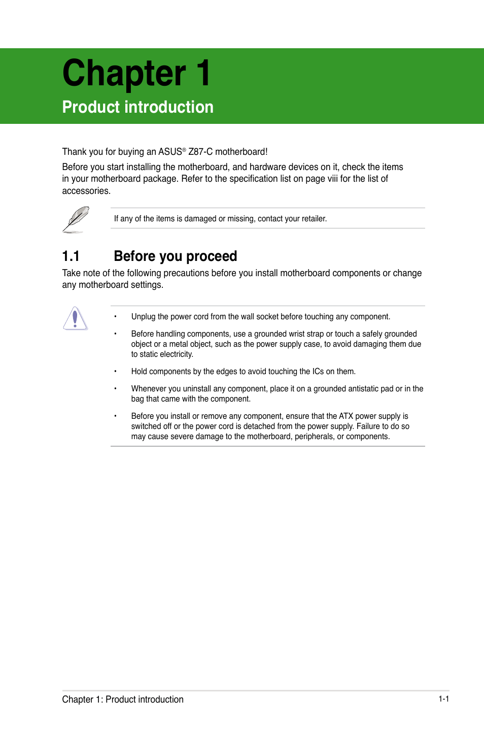 Chapter 1: product introduction, 1 before you proceed, Chapter 1 | Product introduction, Before you proceed -1 | Asus Z87-C User Manual | Page 9 / 96