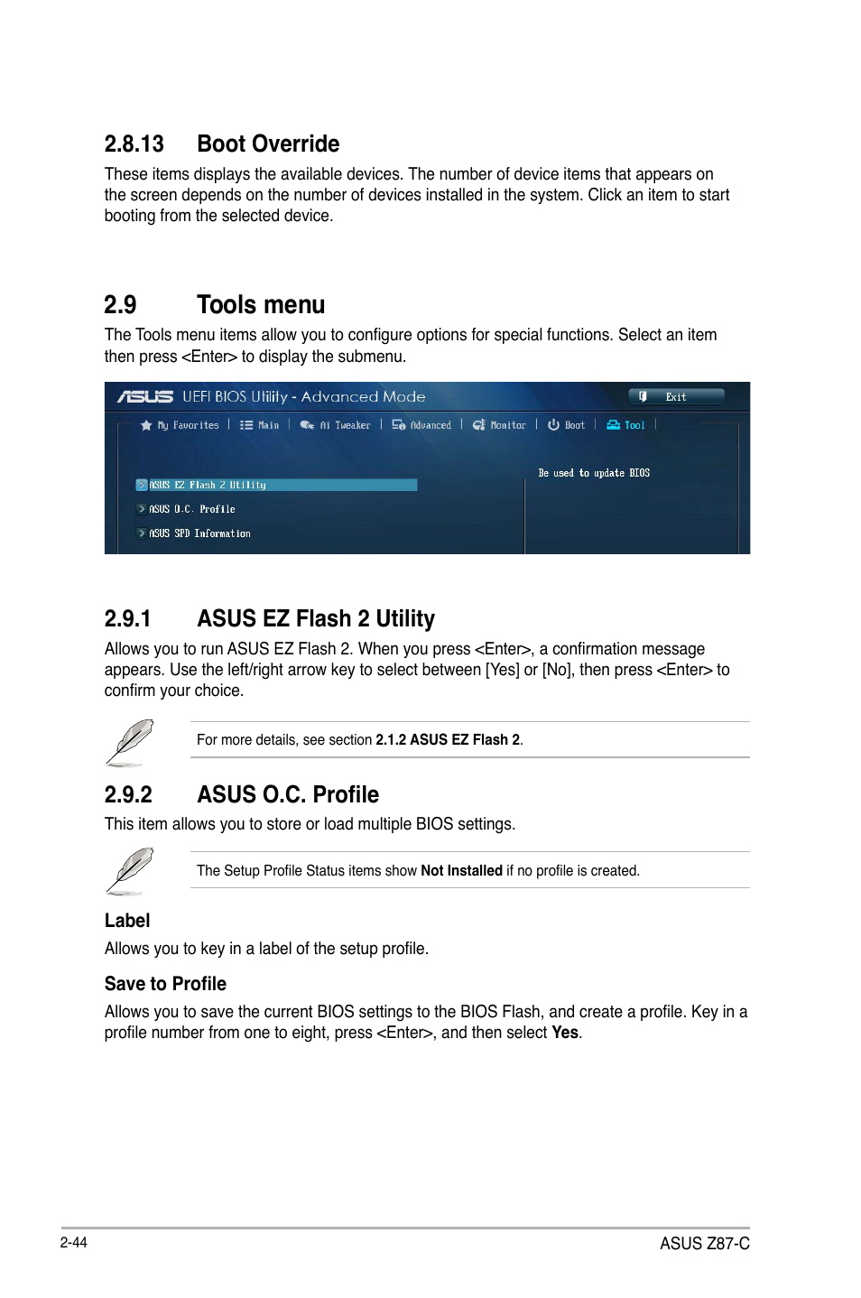 9 tools menu, Tools menu -44, 13 boot override | 1 asus ez flash 2 utility, 2 asus o.c. profile | Asus Z87-C User Manual | Page 90 / 96