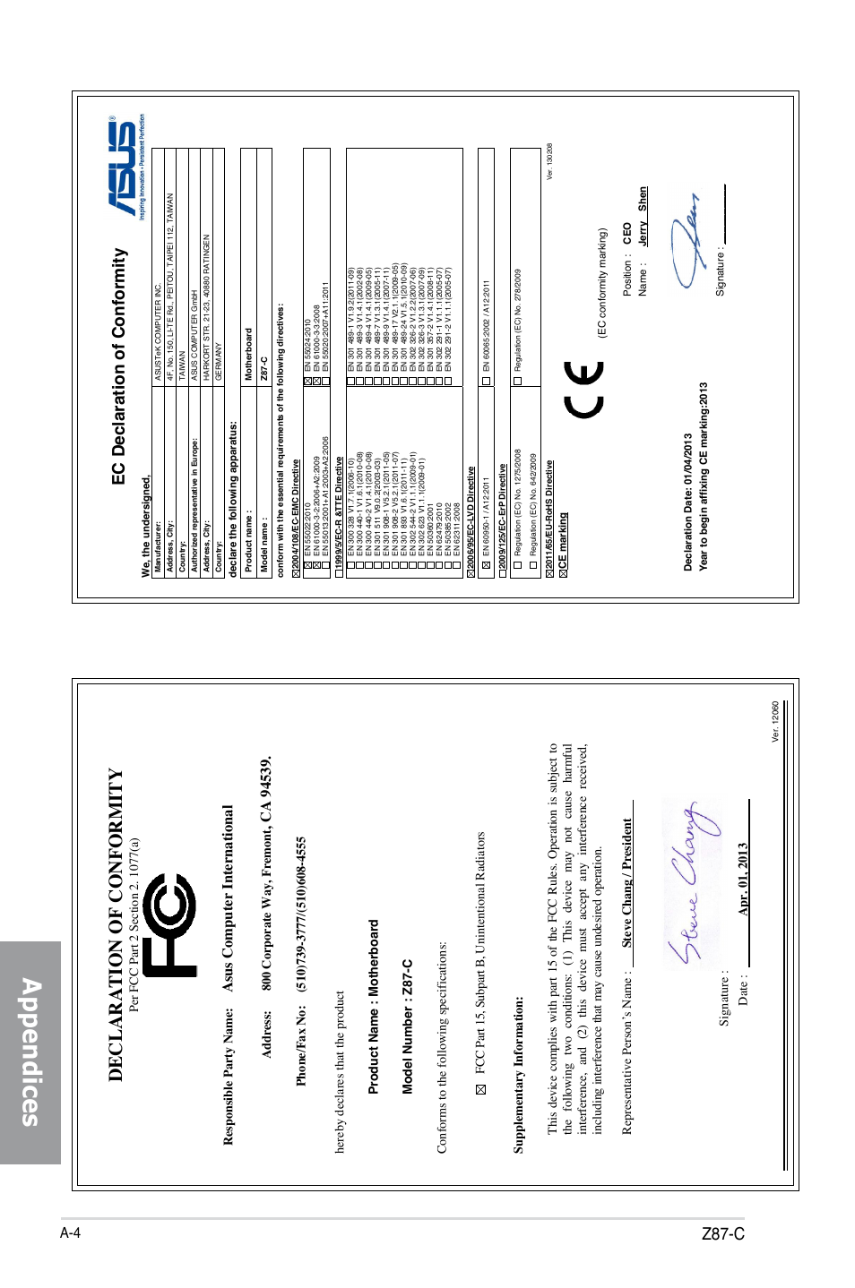 Appendices, Declaration of conformity, Z87-c | Ec declaration of conformity, As us c om pu te r i nt er na tio na l, Address: 800 corporate way, fremont | Asus Z87-C User Manual | Page 96 / 96