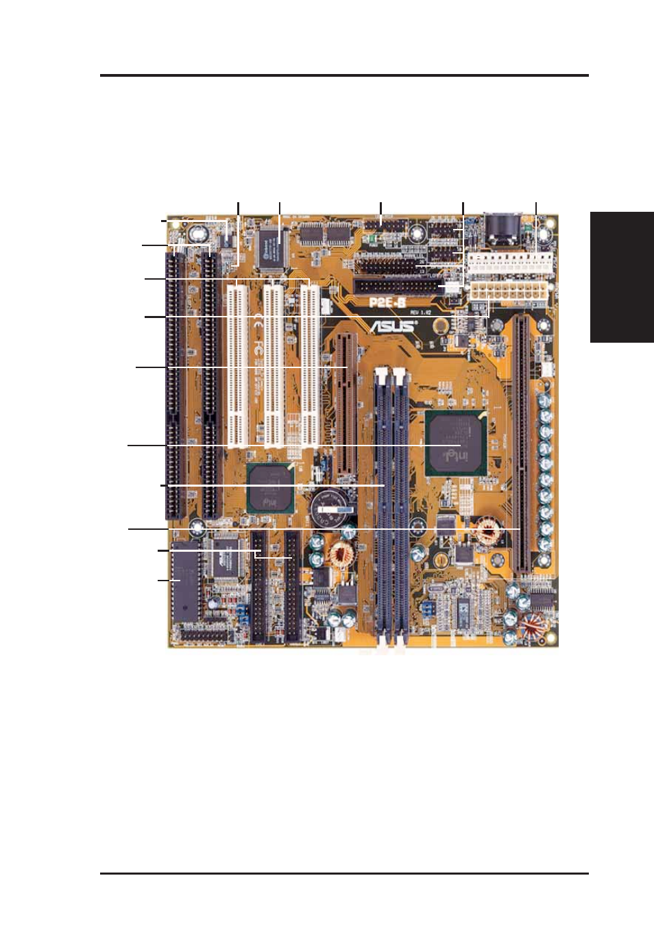 Ii. features, Parts of the asus p2e-b motherboard | Asus P2E-B User Manual | Page 11 / 64