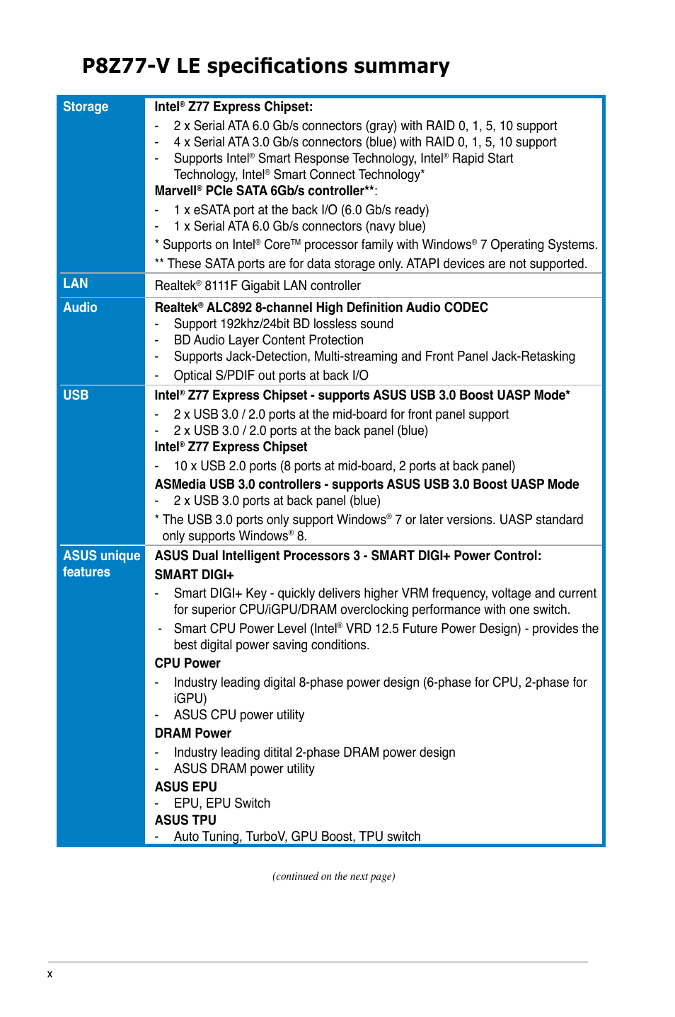 P8z77-v le specifications summary | Asus P8Z77-V LE User Manual | Page 10 / 156