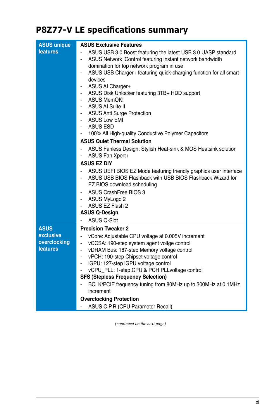 P8z77-v le specifications summary | Asus P8Z77-V LE User Manual | Page 11 / 156