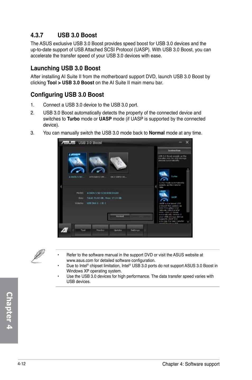 7 usb 3.0 boost, Usb 3.0 boost -12, Chapter 4 | Launching usb 3.0 boost, Configuring usb 3.0 boost | Asus P8Z77-V LE User Manual | Page 116 / 156