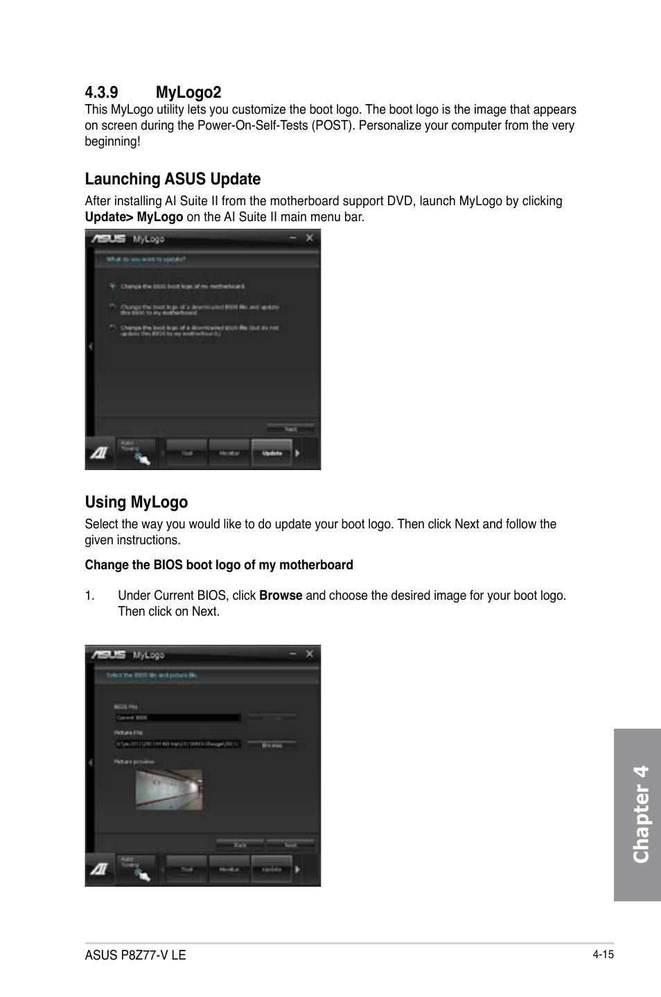 9 mylogo2, Mylogo2 -15, Chapter 4 | Launching asus update, Using mylogo | Asus P8Z77-V LE User Manual | Page 119 / 156