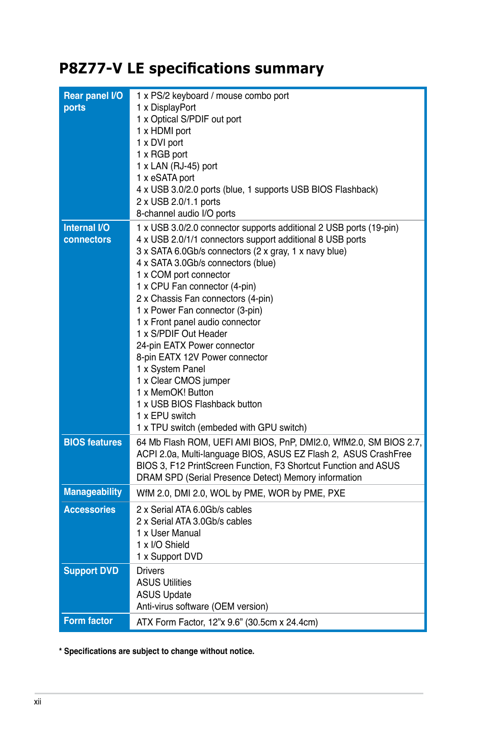 P8z77-v le specifications summary | Asus P8Z77-V LE User Manual | Page 12 / 156