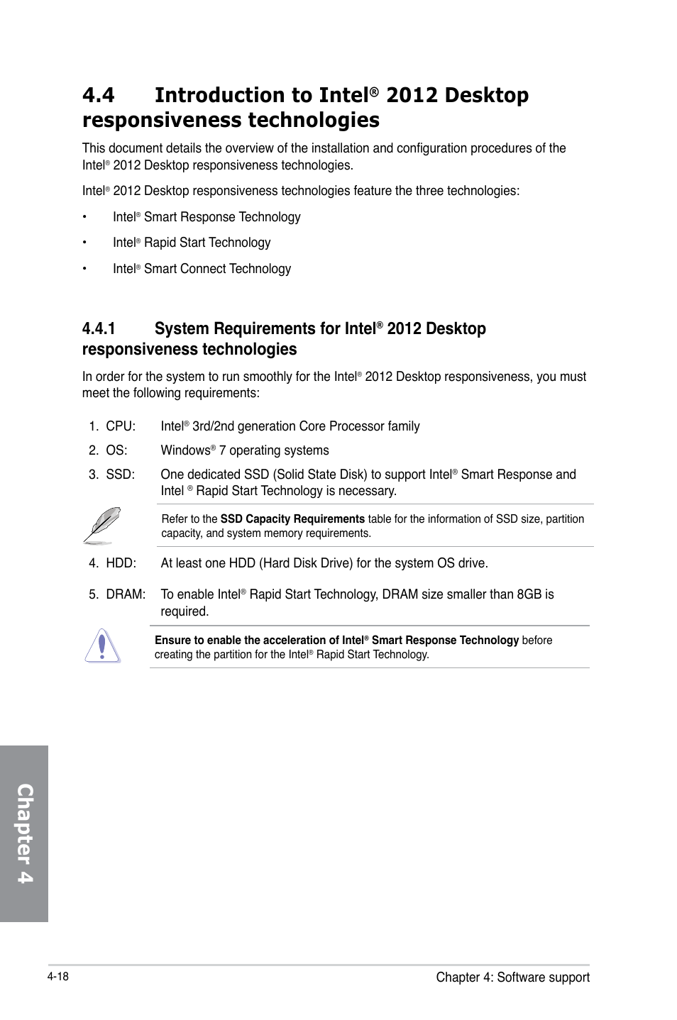 Introduction to intel, 2012 desktop responsiveness technologies -18, System requirements for intel | 2012 desktop responsiveness, Technologies -18, Chapter 4 4.4 introduction to intel, 2012 desktop responsiveness technologies, 1 system requirements for intel | Asus P8Z77-V LE User Manual | Page 122 / 156