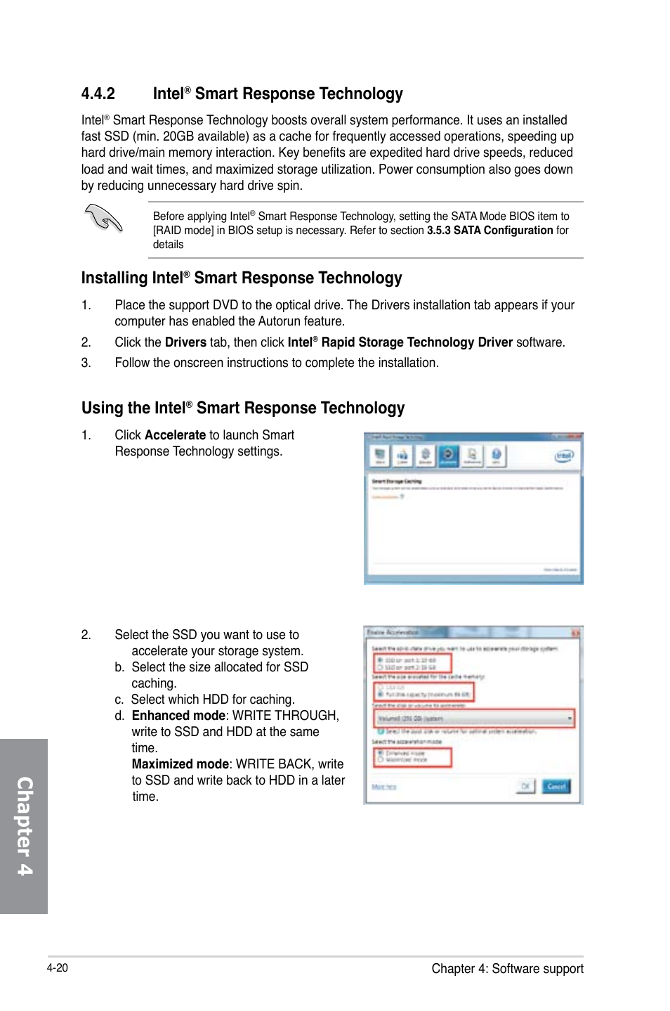 2 intel® smart response technology, Intel, Smart response technology -20 | Chapter 4, 2 intel, Smart response technology, Installing intel, Using the intel | Asus P8Z77-V LE User Manual | Page 124 / 156