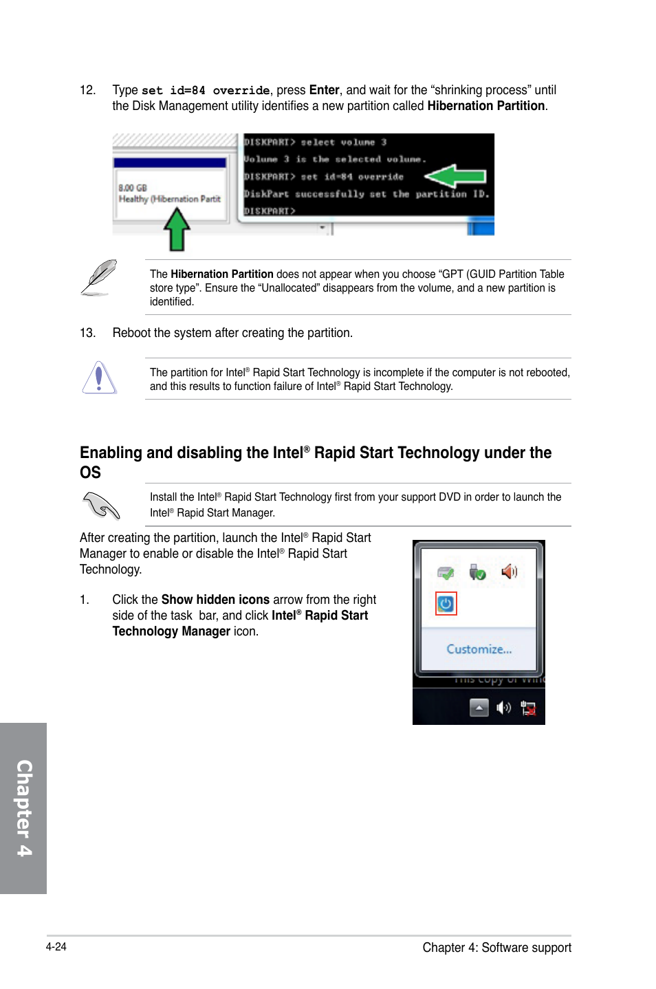 Chapter 4, Enabling and disabling the intel, Rapid start technology under the os | Asus P8Z77-V LE User Manual | Page 128 / 156