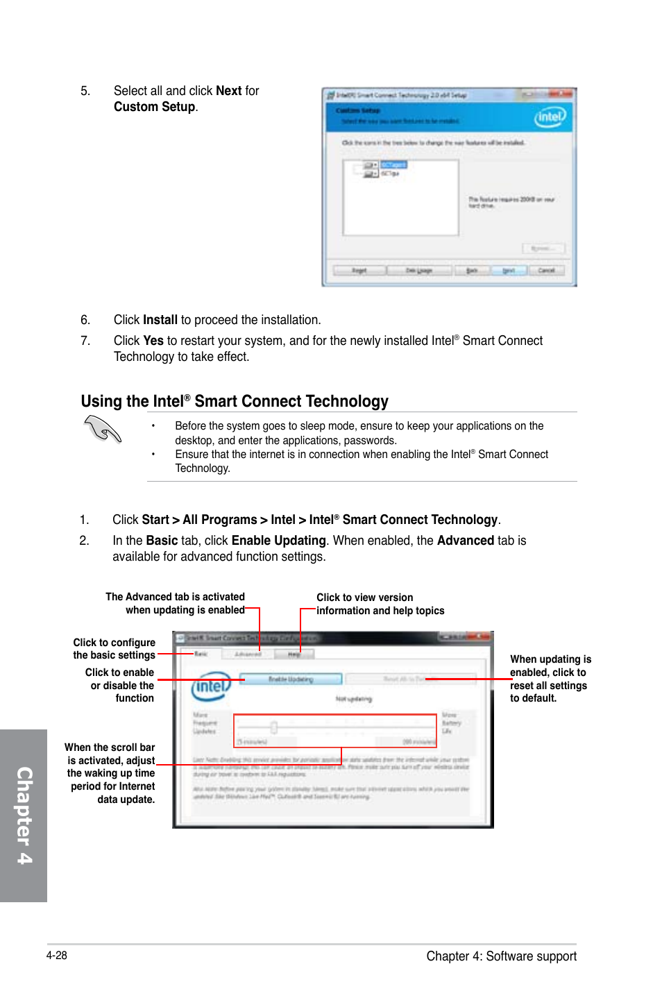 Chapter 4, Using the intel, Smart connect technology | Asus P8Z77-V LE User Manual | Page 132 / 156