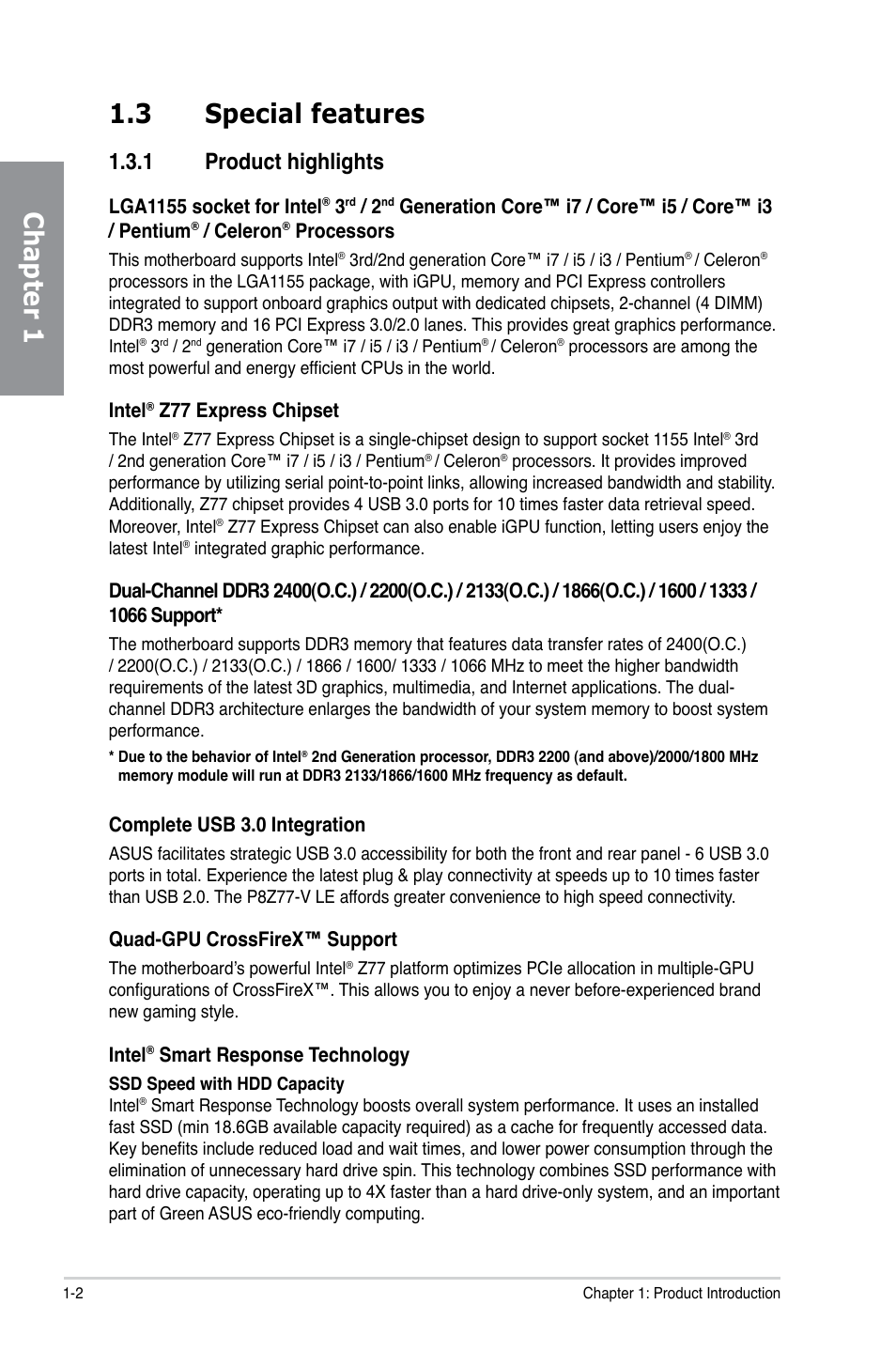 3 special features, 1 product highlights, Special features -2 1.3.1 | Product highlights -2, Chapter 1 1.3 special features | Asus P8Z77-V LE User Manual | Page 14 / 156