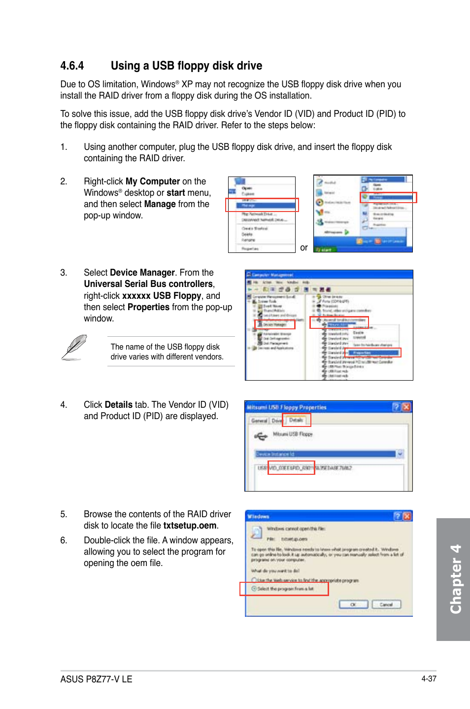 4 using a usb floppy disk drive, Using a usb floppy disk drive -37, Chapter 4 | Asus P8Z77-V LE User Manual | Page 141 / 156