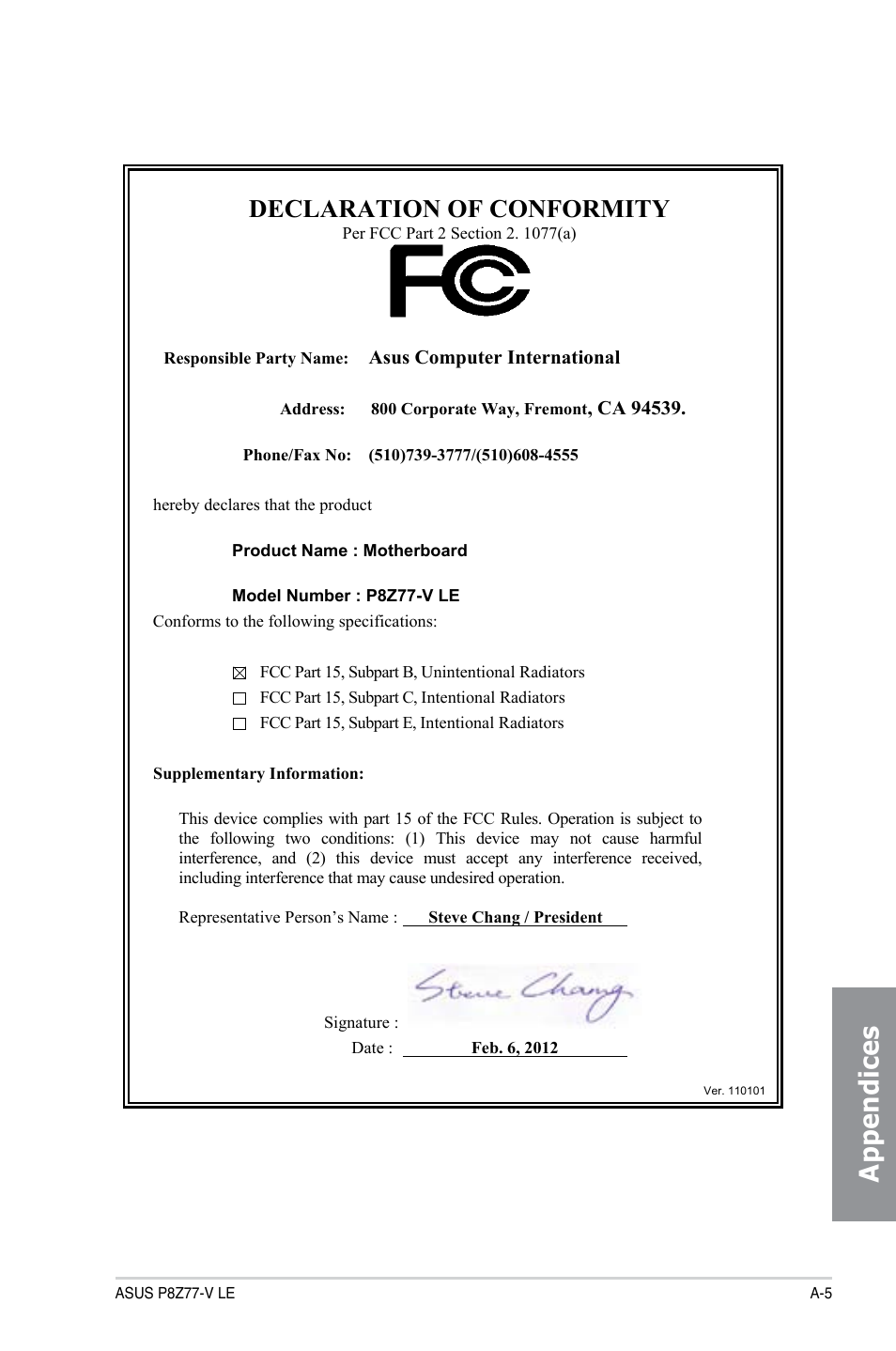 Appendices, Declaration of conformity | Asus P8Z77-V LE User Manual | Page 155 / 156