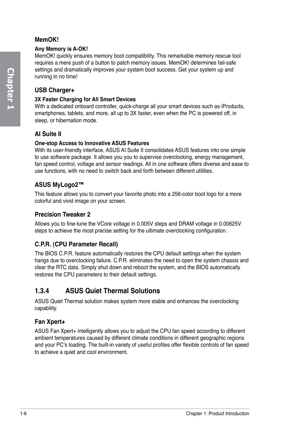 4 asus quiet thermal solutions, Asus quiet thermal solutions -6, Chapter 1 | Asus P8Z77-V LE User Manual | Page 18 / 156