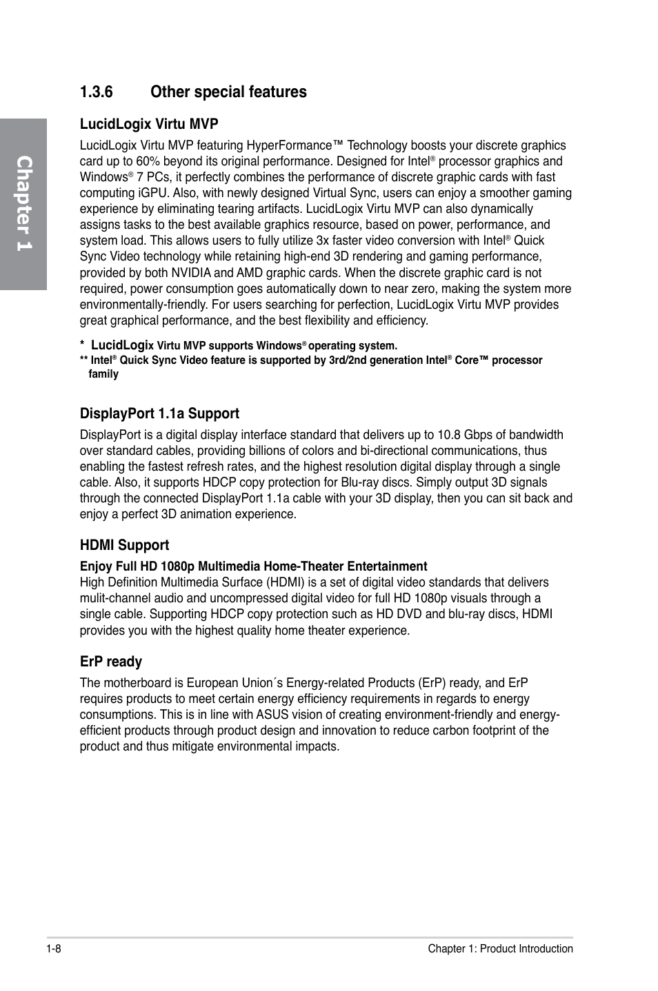 6 other special features, Other special features -8, Chapter 1 | Asus P8Z77-V LE User Manual | Page 20 / 156