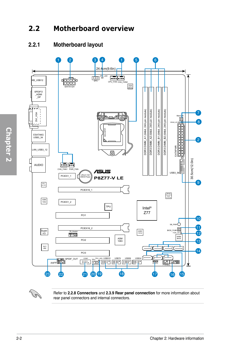 2 motherboard overview, 1 motherboard layout, Motherboard overview -2 2.2.1 | Motherboard layout -2, Chapter 2, 2 chapter 2: hardware information, P8z77-v le, Intel | Asus P8Z77-V LE User Manual | Page 22 / 156