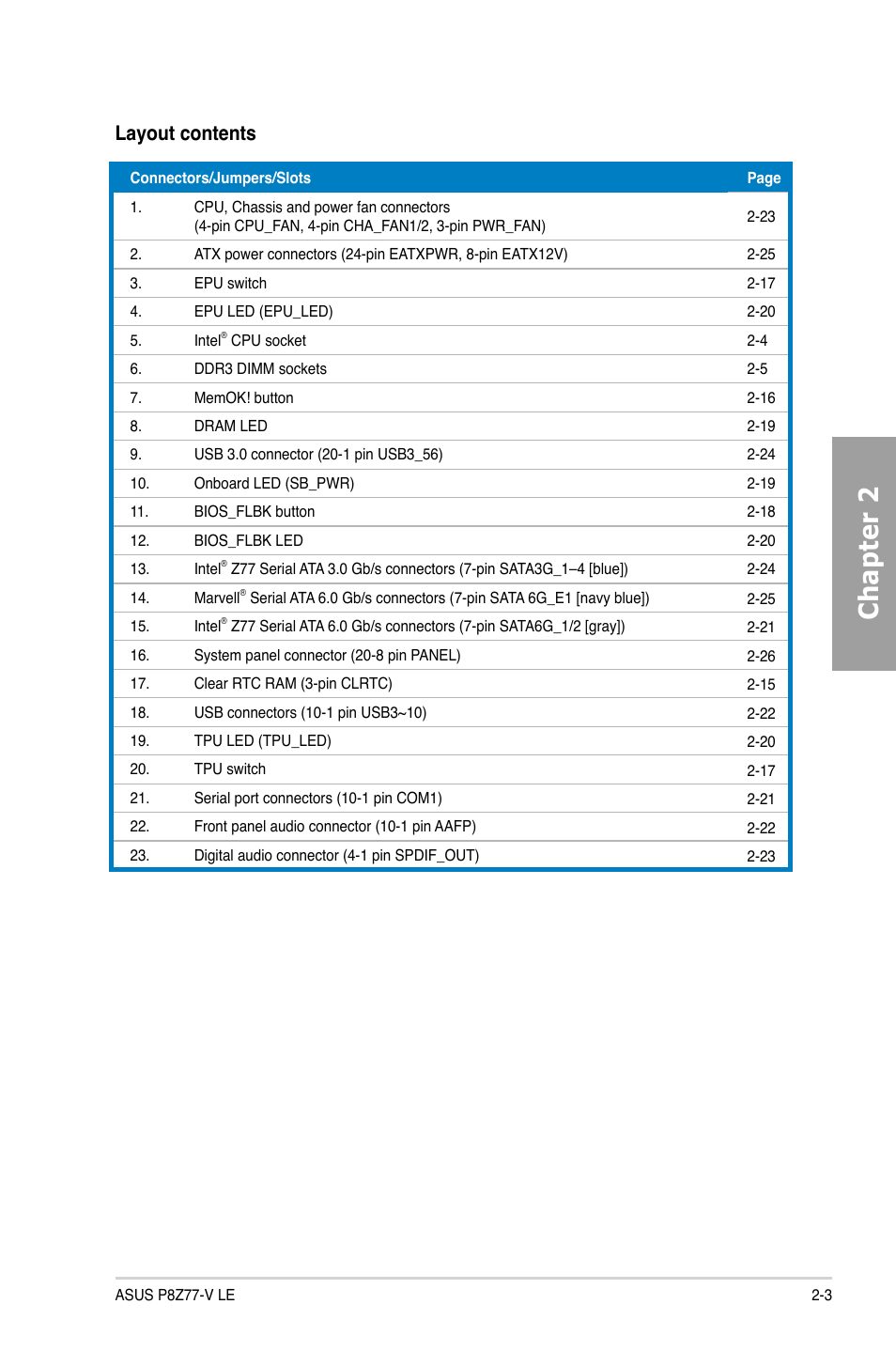 Chapter 2, Layout contents | Asus P8Z77-V LE User Manual | Page 23 / 156