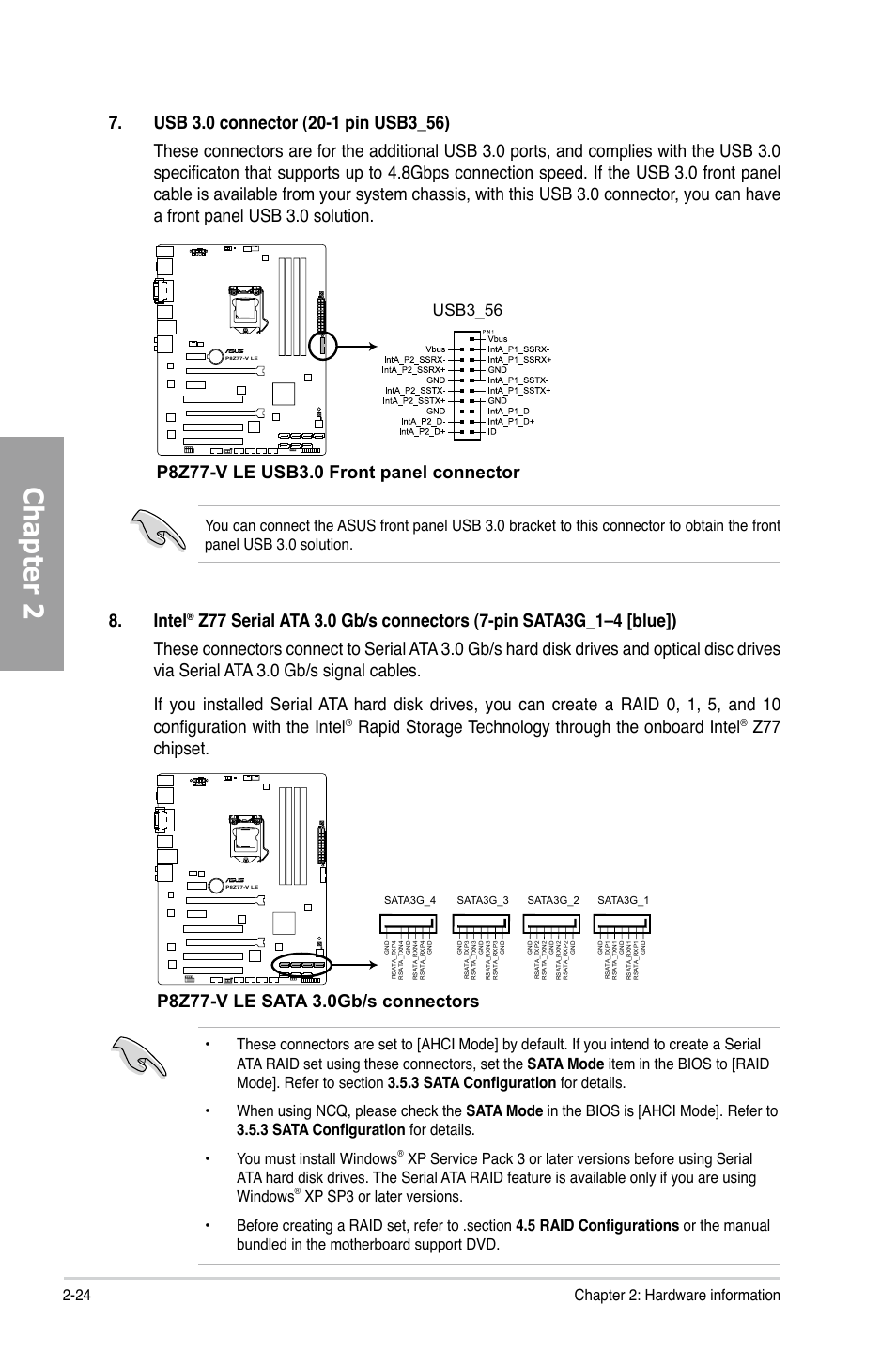 Chapter 2, Intel, Rapid storage technology through the onboard intel | Z77 chipset, Usb3_56, 24 chapter 2: hardware information | Asus P8Z77-V LE User Manual | Page 44 / 156