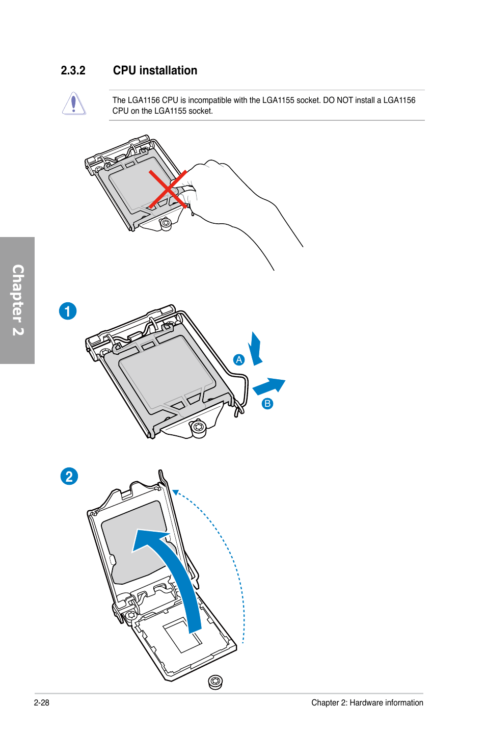 2 cpu installation, Cpu installation -28, Chapter 2 | Asus P8Z77-V LE User Manual | Page 48 / 156