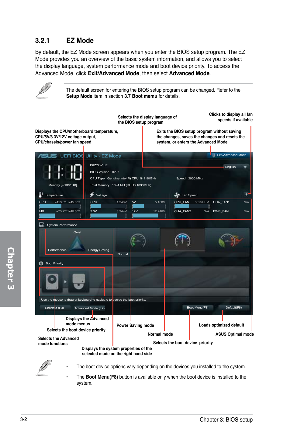 1 ez mode, Ez mode -2, Chapter 3 | Chapter 3: bios setup | Asus P8Z77-V LE User Manual | Page 66 / 156