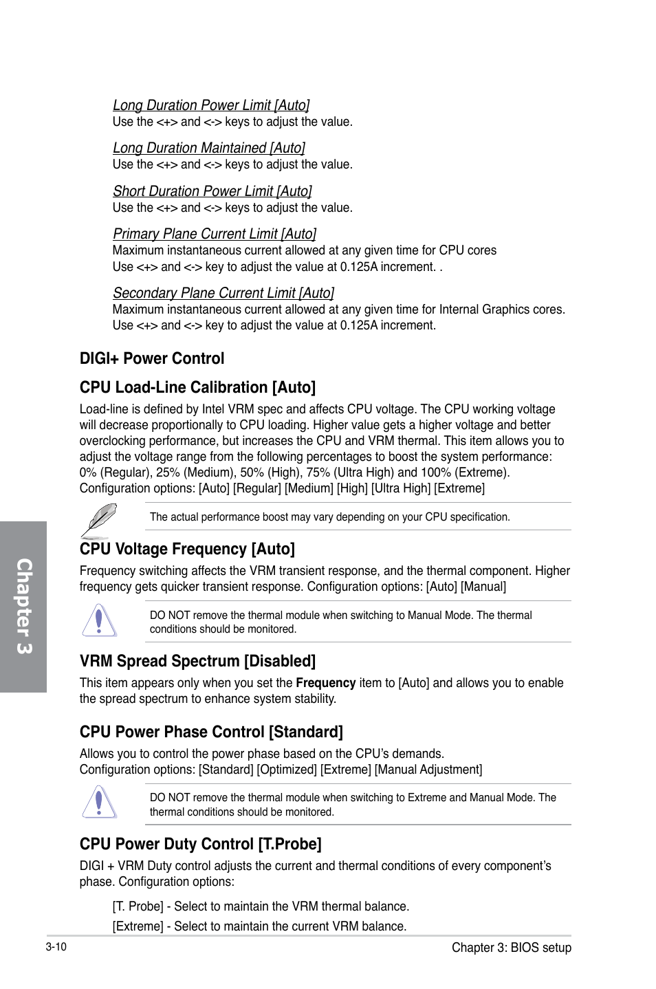 Chapter 3, Cpu voltage frequency [auto, Vrm spread spectrum [disabled | Cpu power phase control [standard, Cpu power duty control [t.probe | Asus P8Z77-V LE User Manual | Page 74 / 156