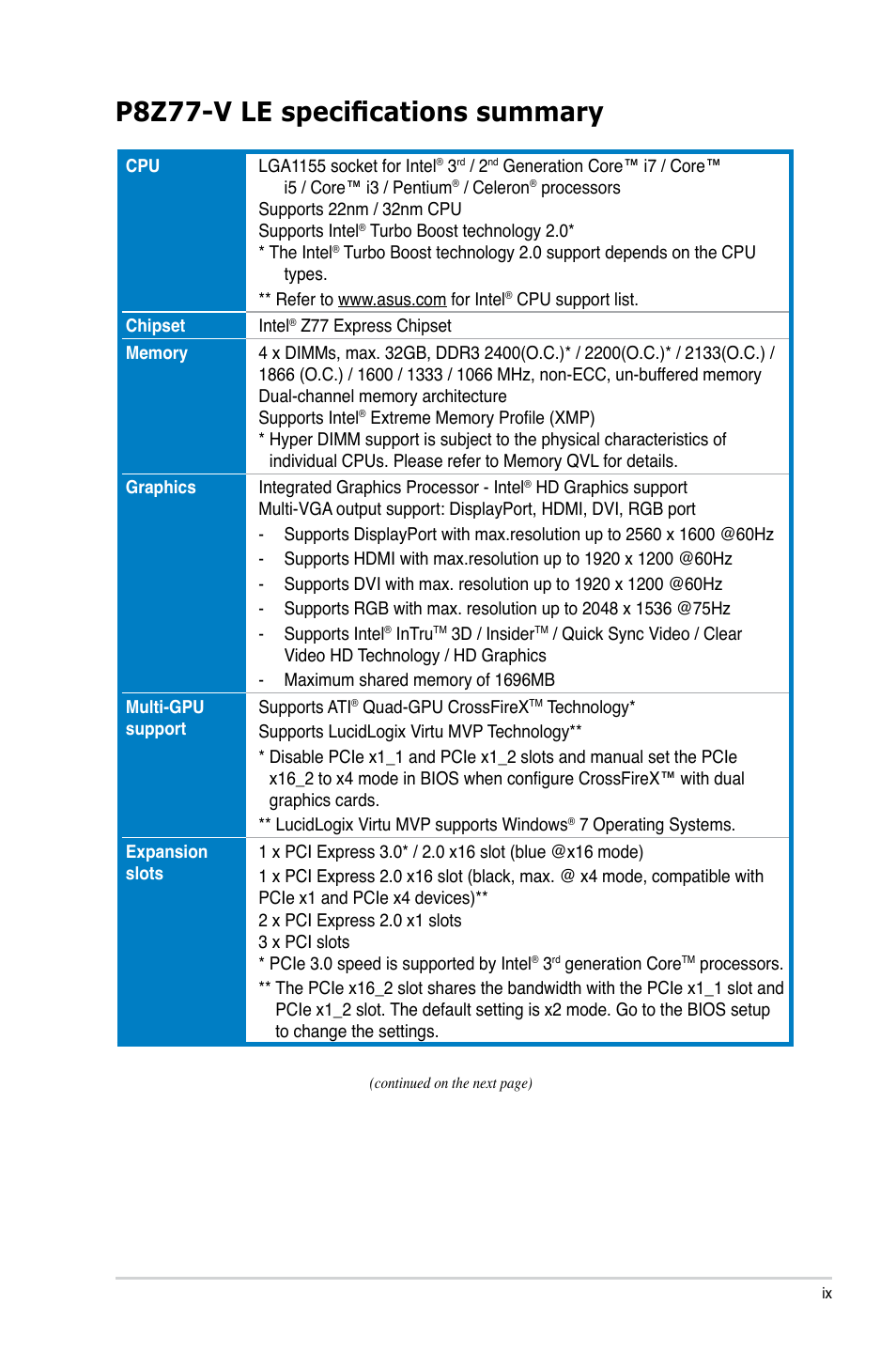 P8z77-v le specifications summary | Asus P8Z77-V LE User Manual | Page 9 / 156