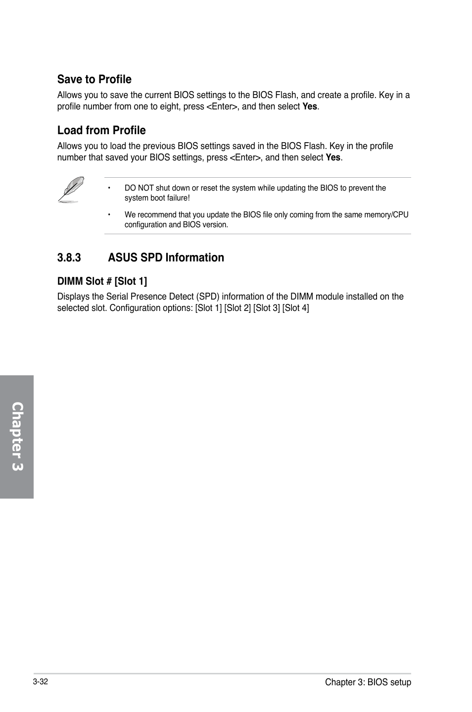 3 asus spd information, Asus spd information -32, Chapter 3 | Save to profile, Load from profile | Asus P8Z77-V LE User Manual | Page 96 / 156